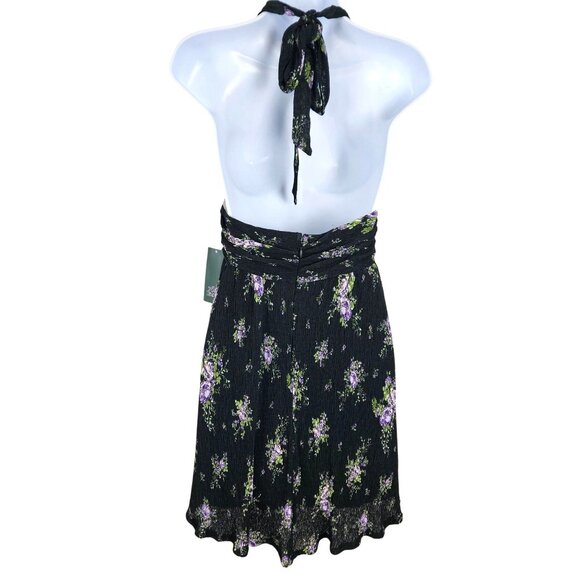 Womens Size M Black Floral Halter Neck Mini Dress Open Back Lined Sexy Party - Picture 5 of 11